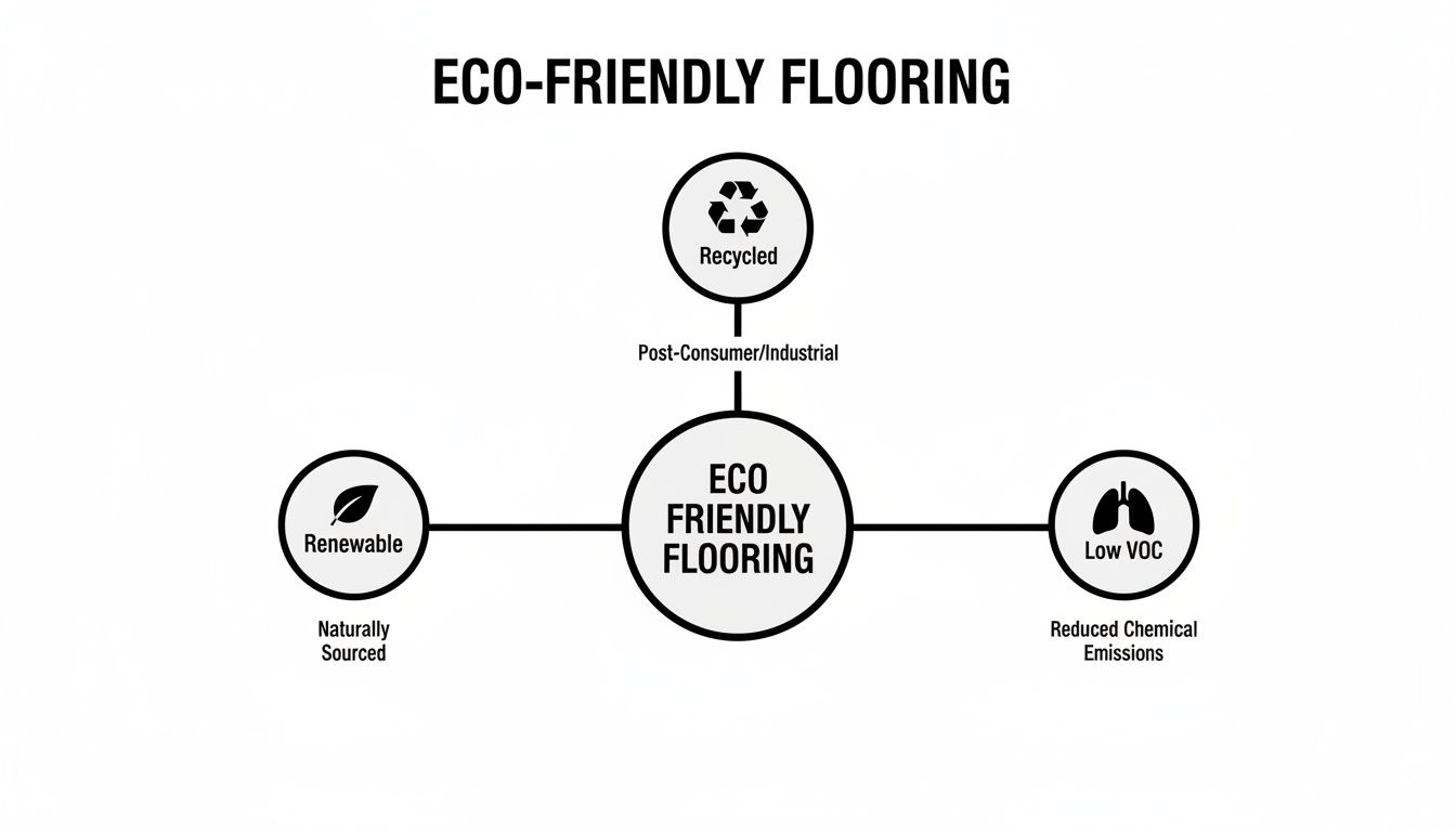 Diagram illustrating eco-friendly flooring's key features: recycled materials, renewable sources, and low VOC emissions.