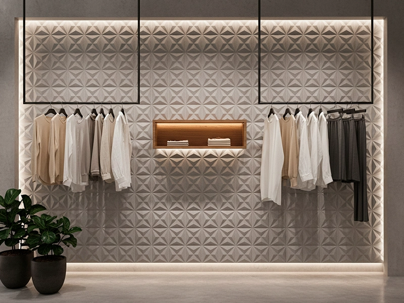 Boutique retail store interior with Moroccan cement tile floor and minimalist product display in a luxury retail design