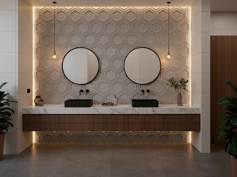 Bathroom feature wall with geometric cement tile pattern 2026 interior design trend
