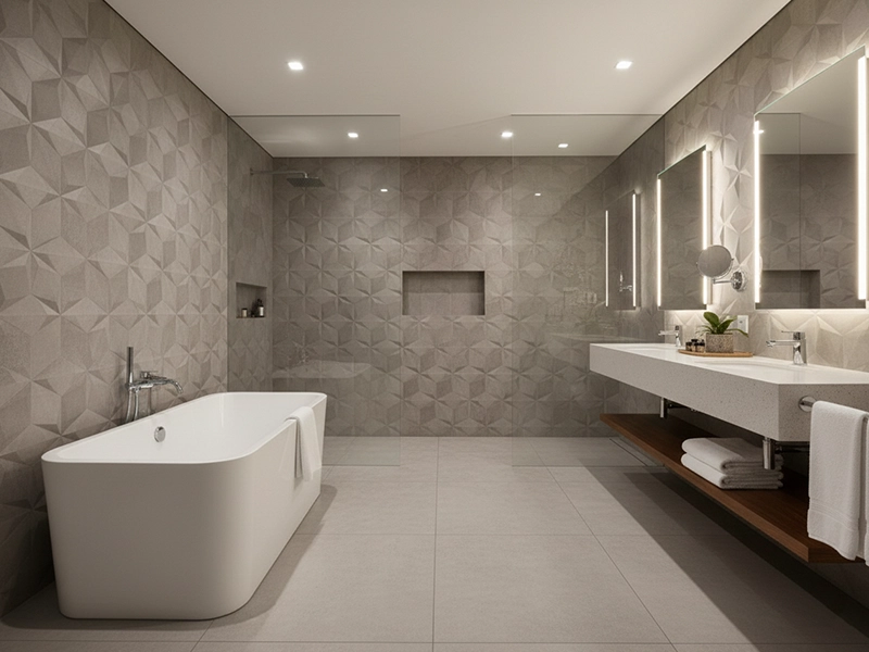 Hotel bathroom interior with handmade cement tile floor and freestanding bathtub in a luxury hospitality design project