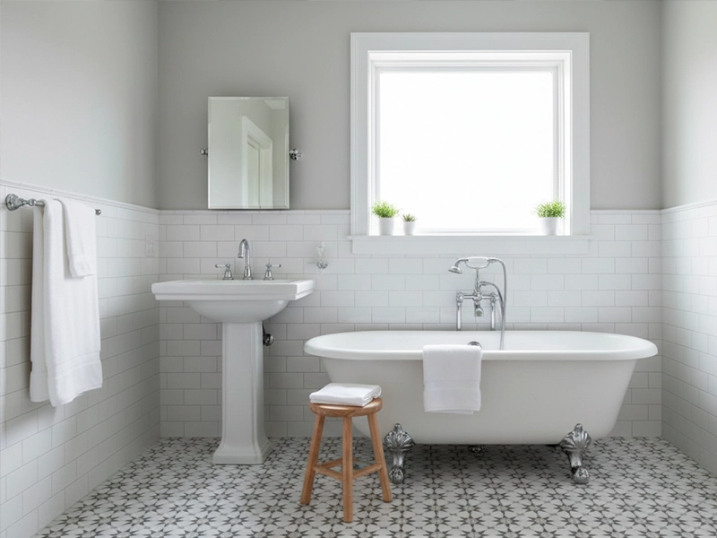 2026 bathroom floor tile trend featuring deep jewel-tone cement tile geometric pattern with freestanding tub