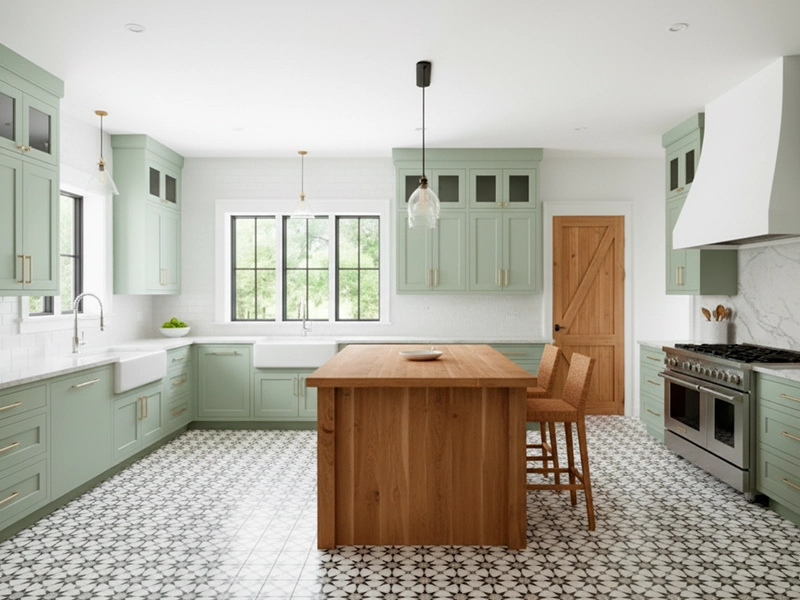 Patterned cement tile floor in open kitchen interior design by Original Mission Tile
