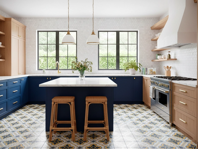 Handmade geometric cement tile kitchen backsplash in a modern interior design project