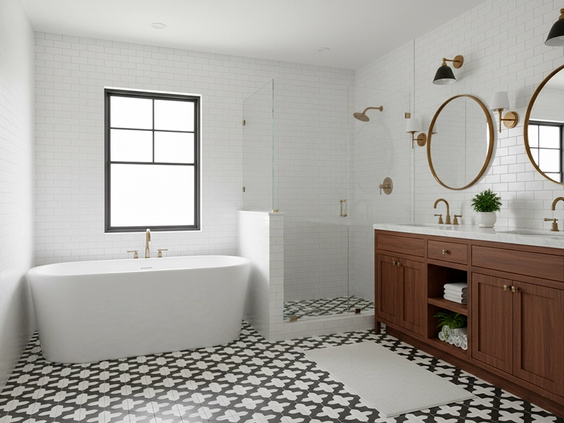 Handmade cement tile bathroom floor in a luxury interior design project