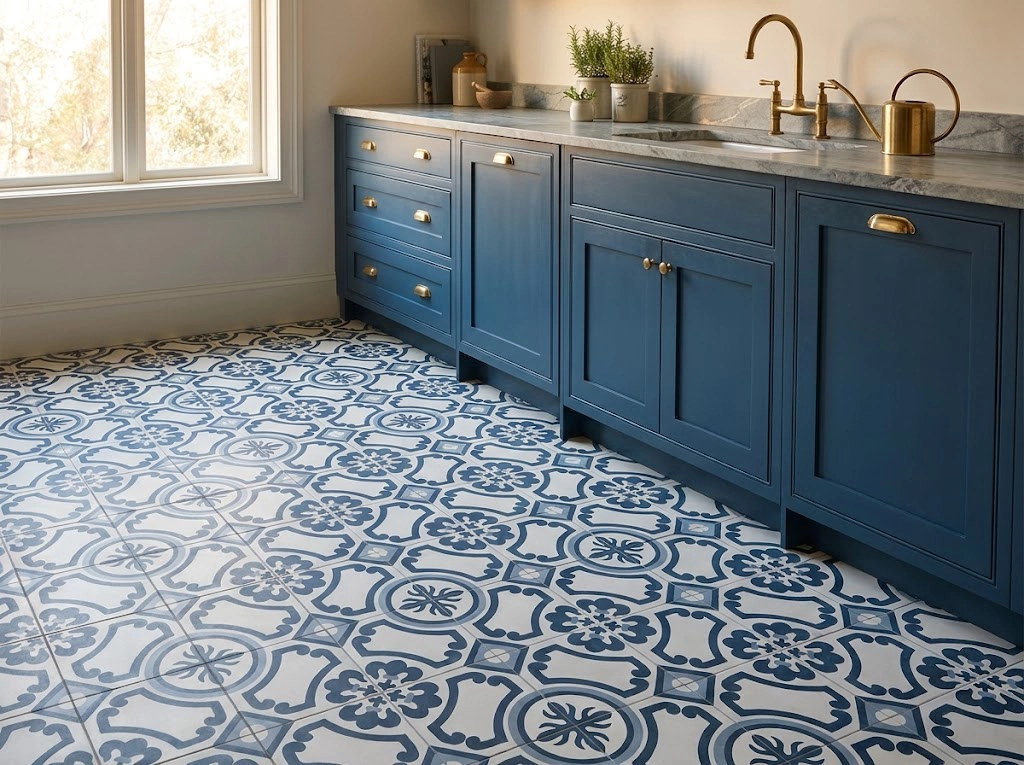 Patterned cement tile kitchen floor in a renovated American home with white cabinetry in 2026 interior design