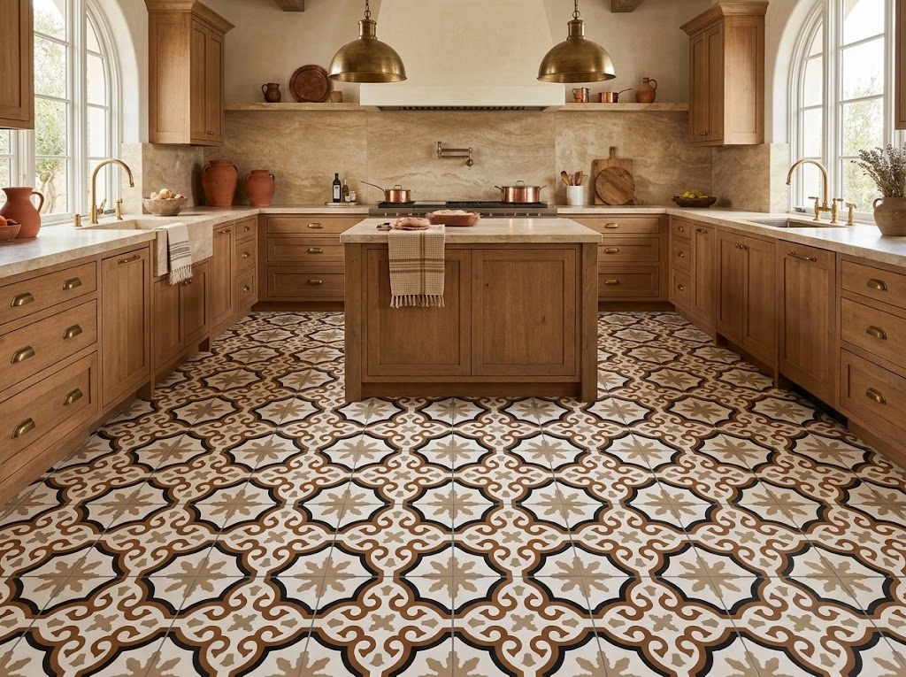 Custom cement tile design process showing sketches, color chips, and finished tile sample by Original Mission Tile