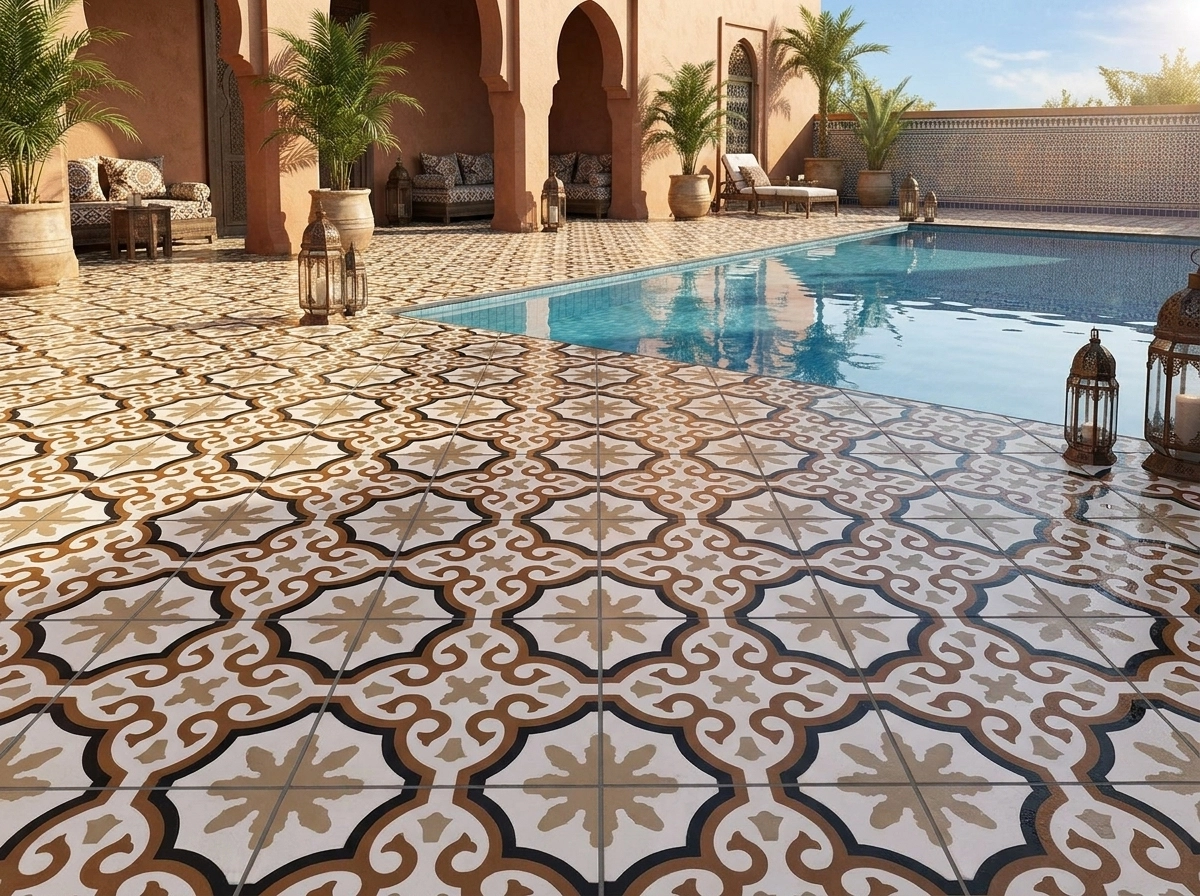 2026 U.S. commercial interior design with patterned cement tile floor in a hotel with warm ambient lighting