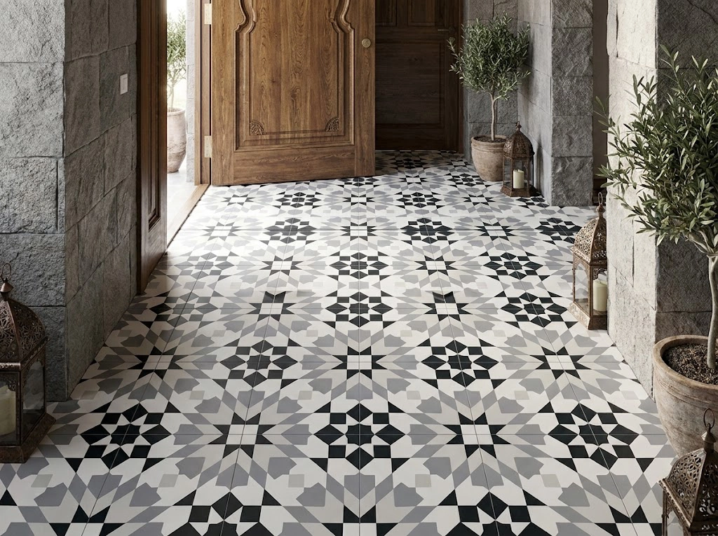 Moroccan patterned cement tile entryway floor in a renovated American home 2026 interior design