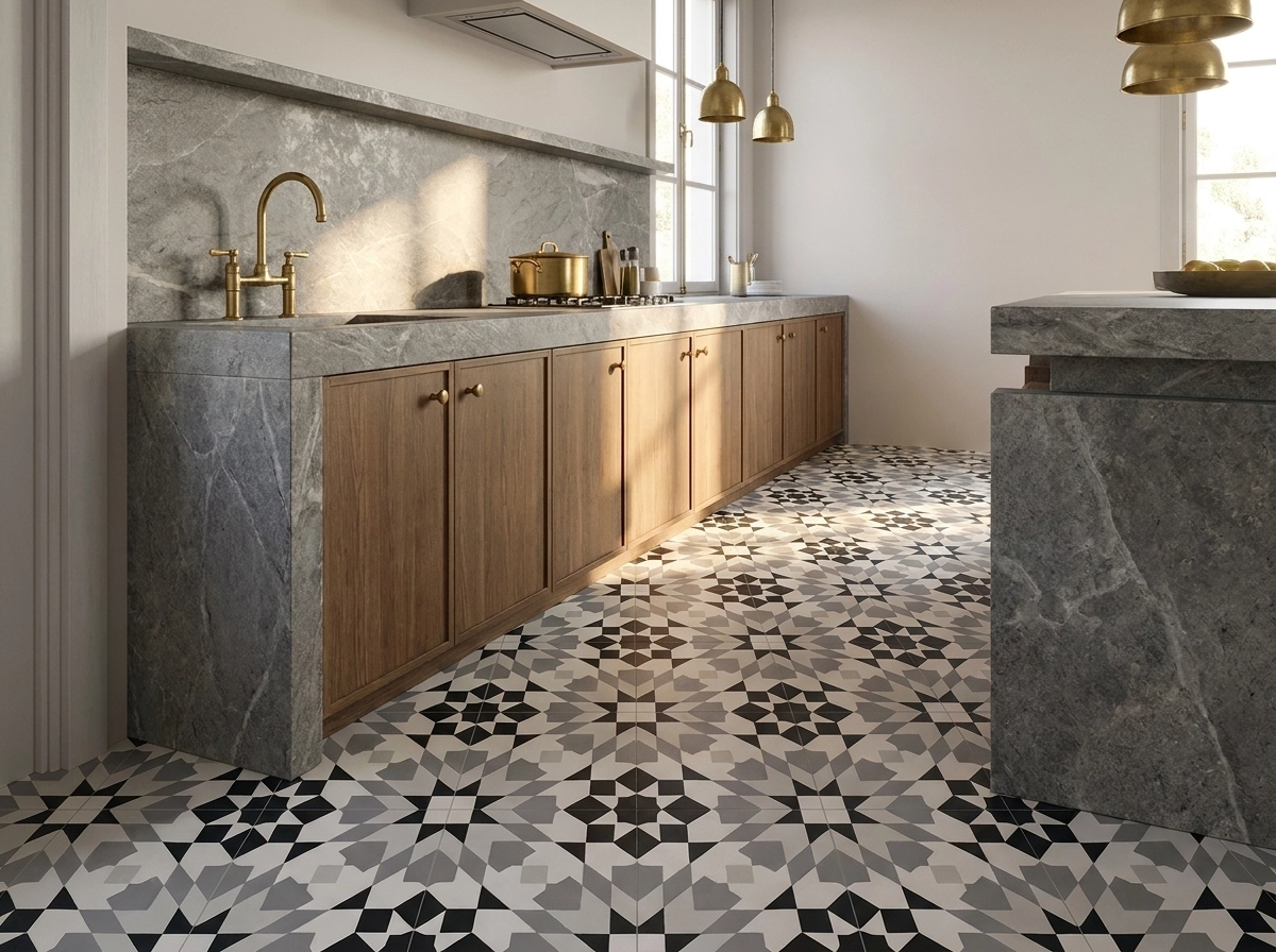 Casa Blanca Black 01 cement tile kitchen