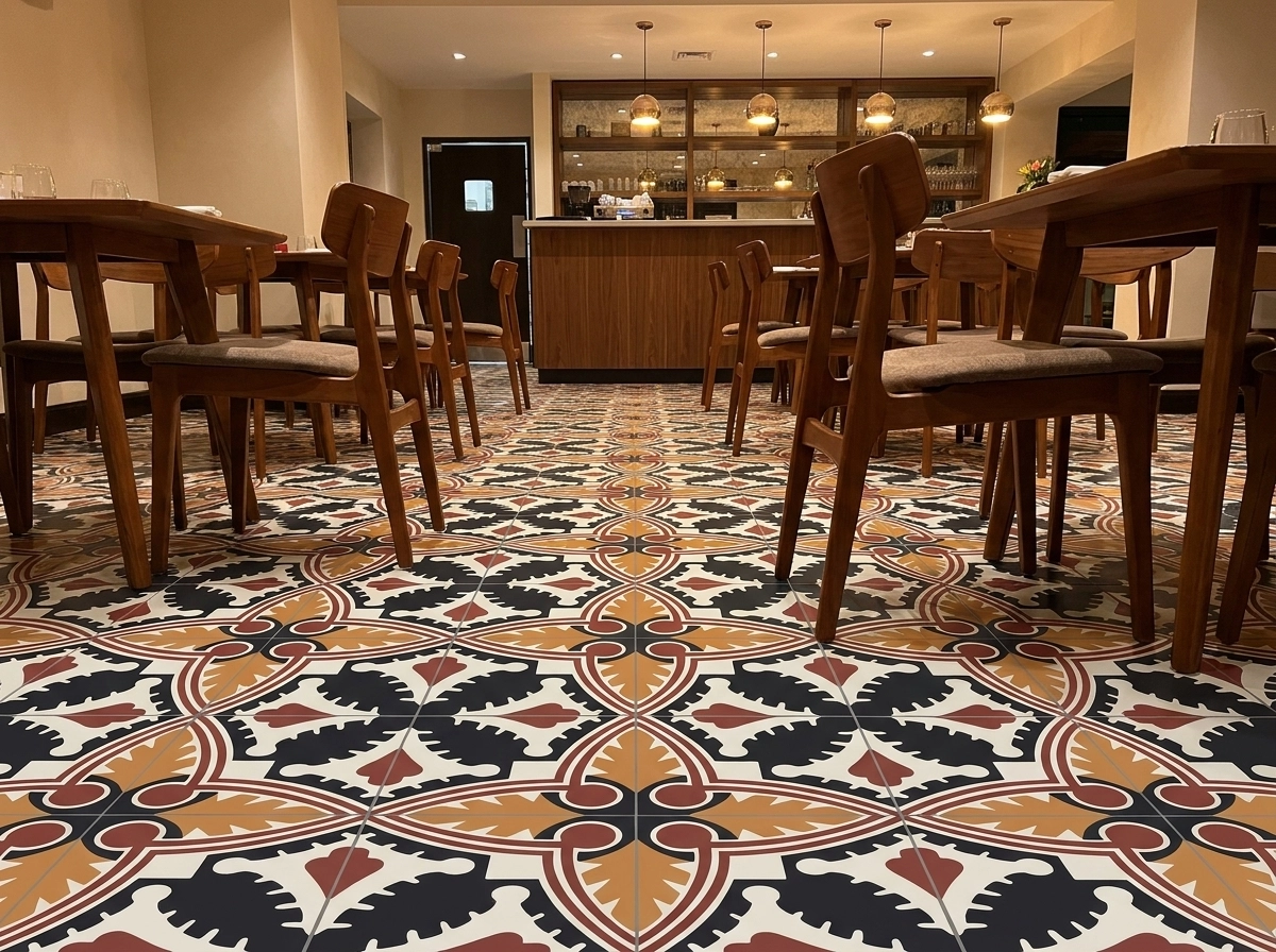 Terracotta concrete tile kitchen floor with green cabinetry in a 2026 warm-toned interior design project