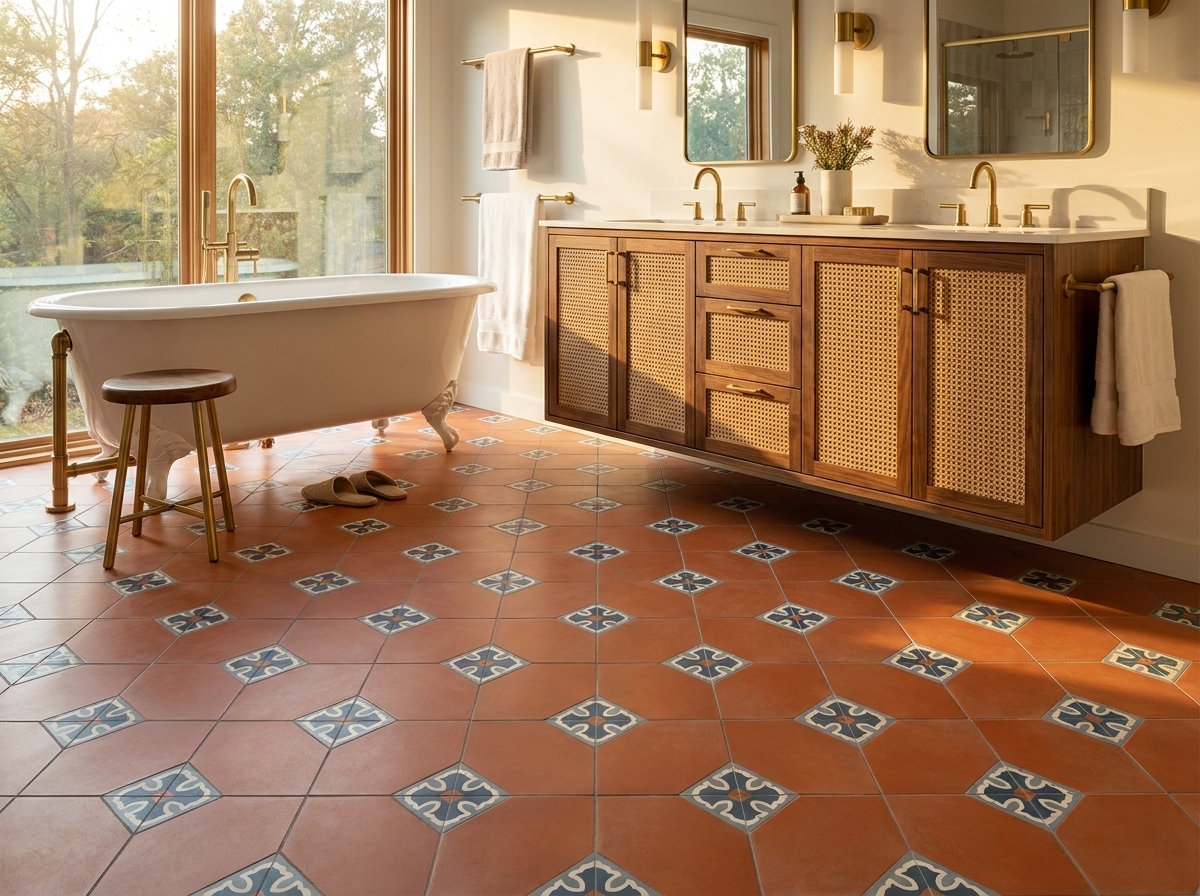 Natural stone marble tile bathroom floor with veining detail in a luxury interior design project