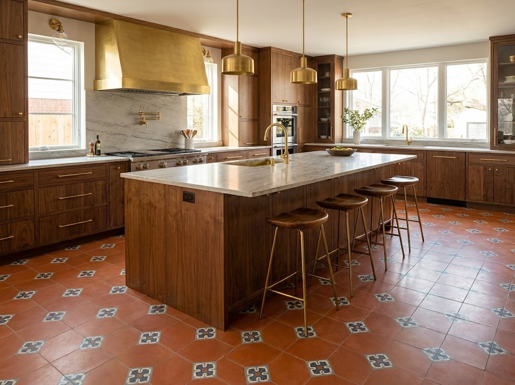 Bold geometric cement tile floor in deep indigo and terracotta tones in a 2026 kitchen renovation project
