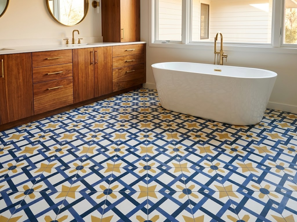Handmade cement tile close-up showing rich mineral pigment color and natural surface texture by Original Mission Tile
