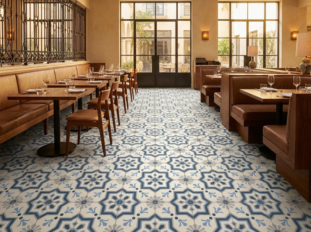 Geometric patterned cement tile floor in a restaurant interior with warm evening lighting and contemporary furniture