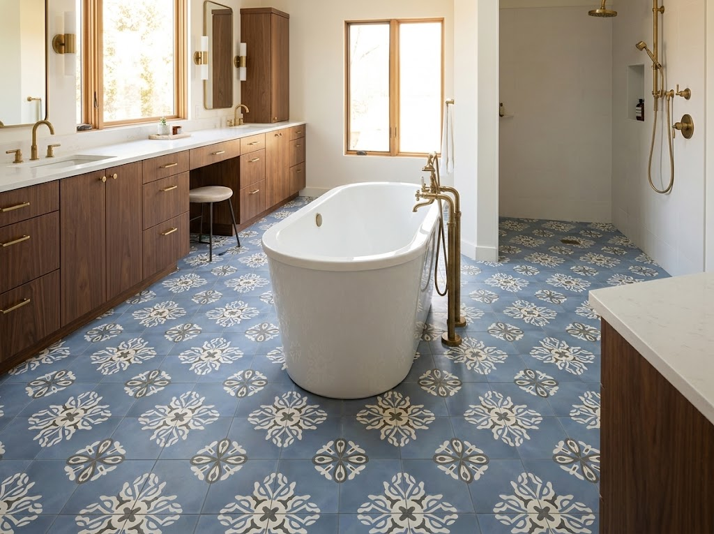 Moroccan cement tile pattern wrapping from floor to wall in a tile drenching application showing mineral depth and pattern continuity