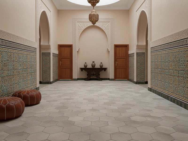 Terracotta cement tile kitchen floor with deep green cabinetry in a 2026 interior design project by Original Mission Tile