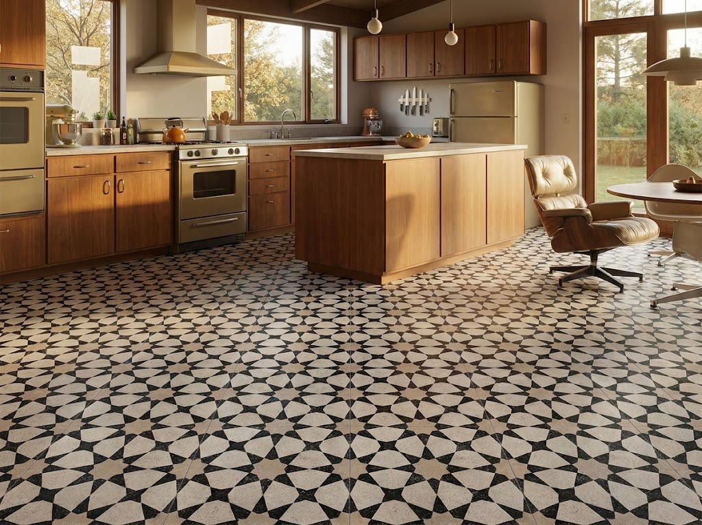 2026 terrazzo tile trend featuring large-chip high-contrast composition in an open-plan kitchen interior design