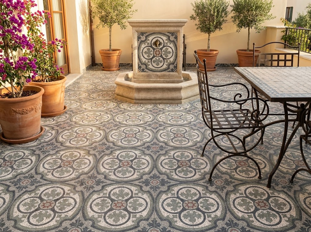 Terrazzo-effect tile on covered outdoor terrace with dining area in a 2026 interior design project