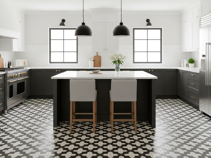 Alhambra Black 01 cement tile kitchen