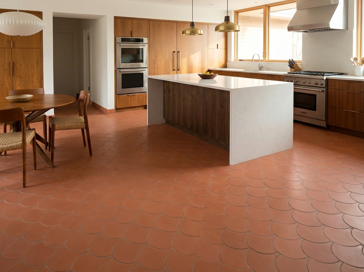 Terracotta cement tile patterned kitchen floor with green cabinetry and brass fixtures in a 2026 residential design