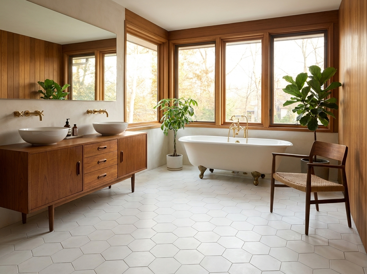 Hex-100 White 8×9 cement tile bathroom