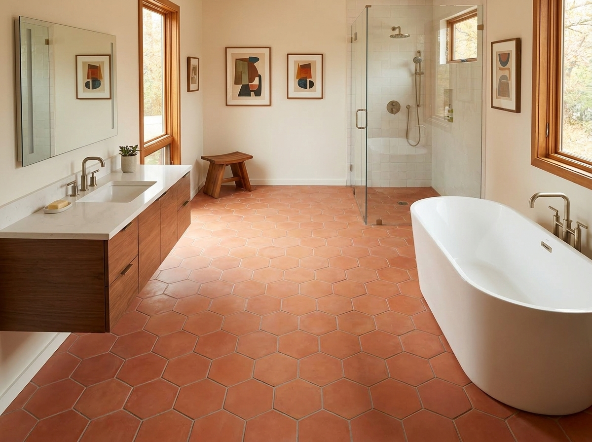 Comparison of worn fired clay terracotta tile versus durable cement terracotta tile in a 2026 interior design project