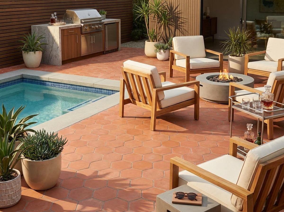 Handmade terracotta cement tile floor by Original Mission Tile showing rich color and consistent surface in a 2026 interior