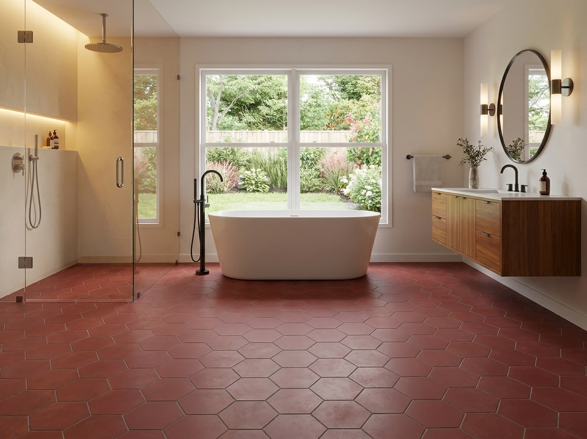 Hex-111 DHanis Red 8×9 cement tile bathroom