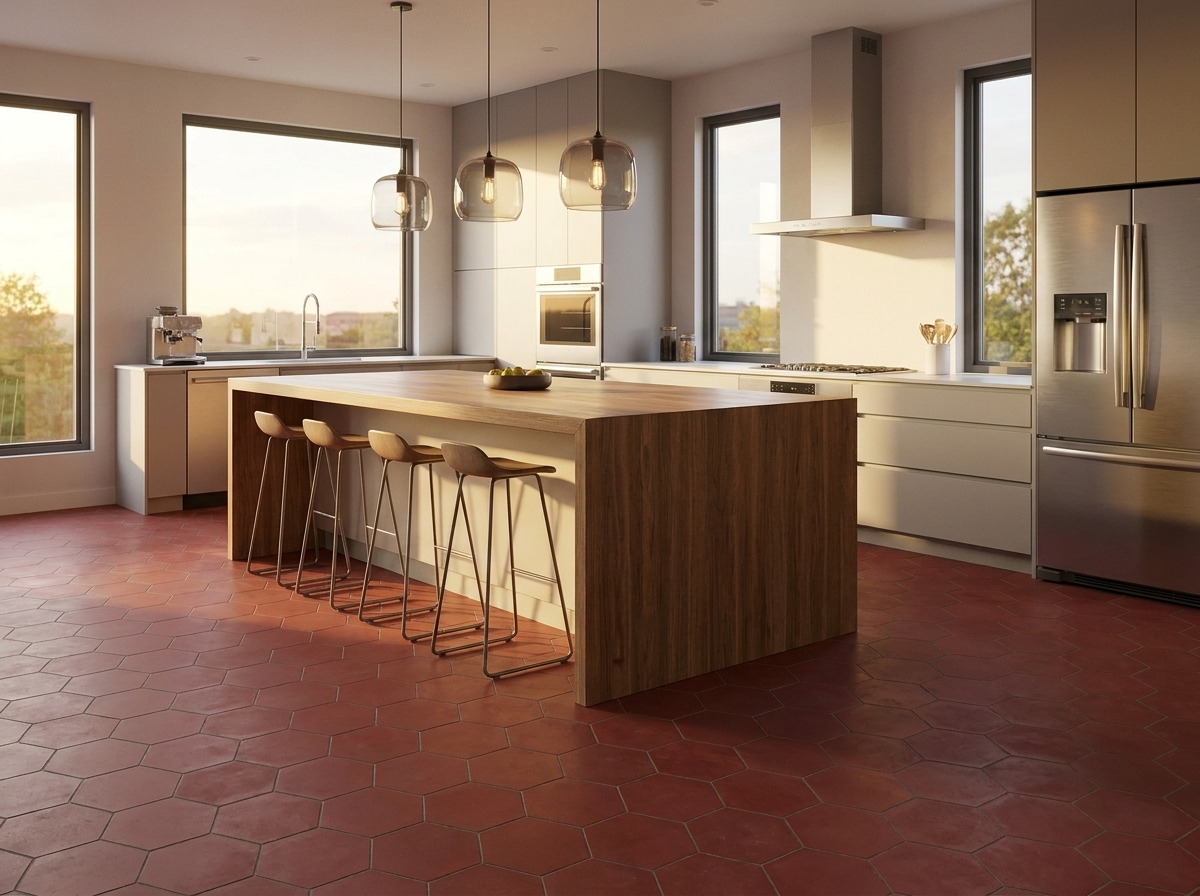 Cement terracotta tile kitchen floor with sage green cabinetry and brass fixtures in a 2026 interior design renovation