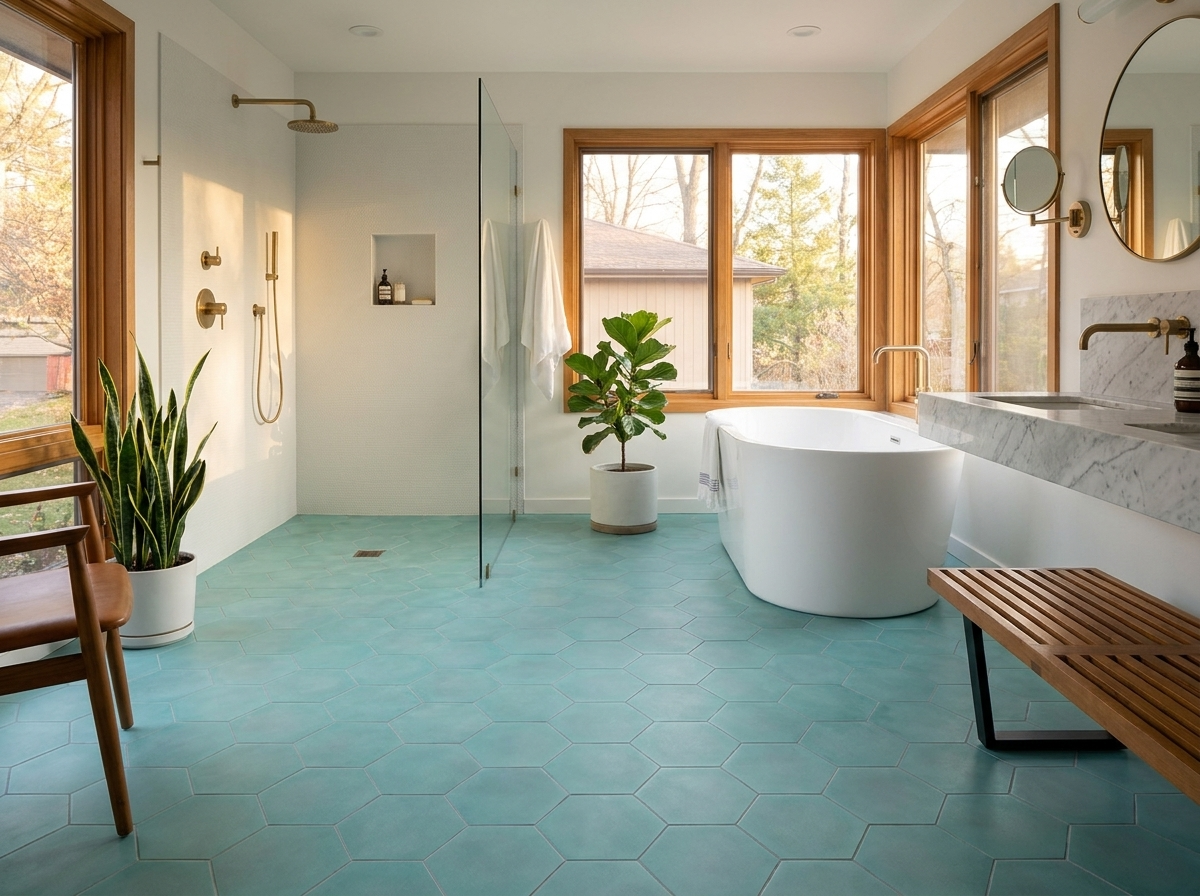 Hex-120 Aqua 8×9 cement tile bathroom