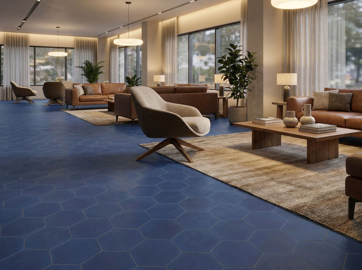 Hex-289 Weathley Blue 8×9 cement tile hotel lobby