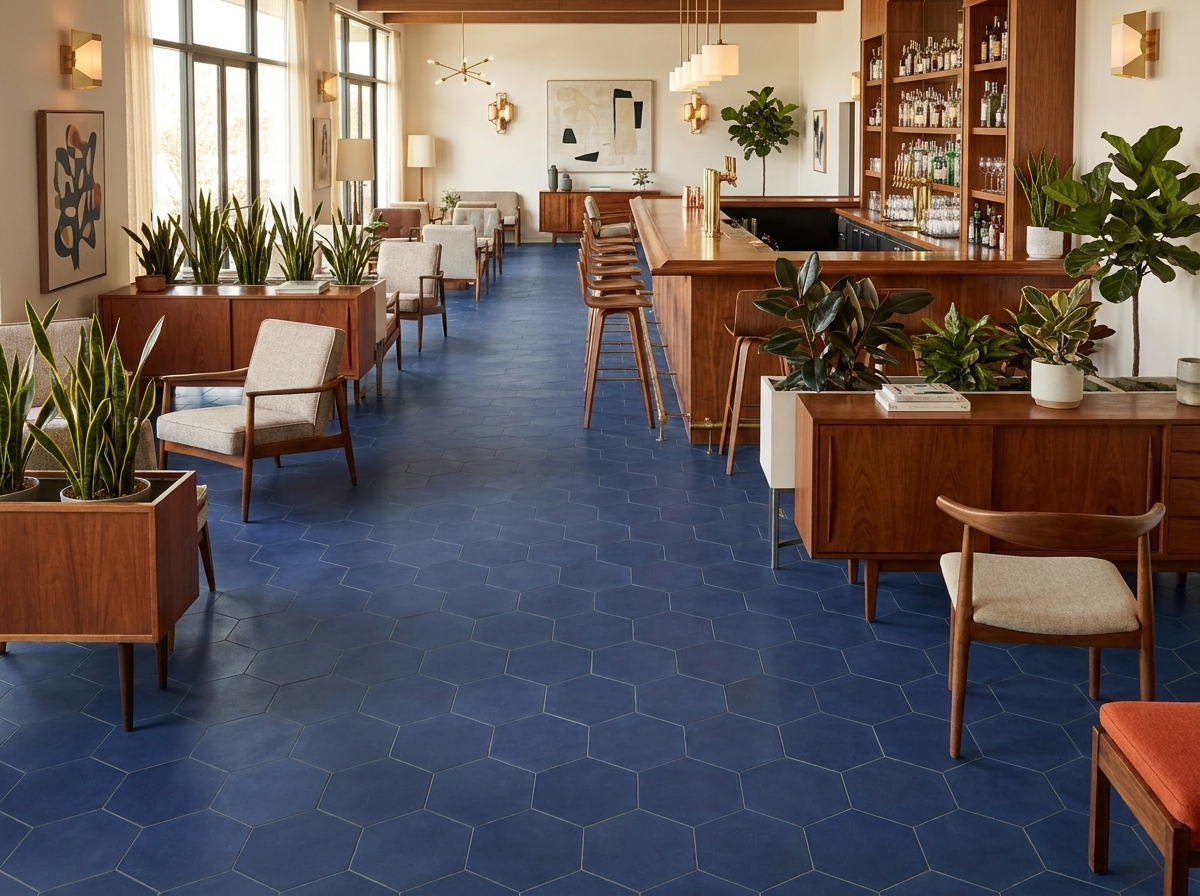 Hex-289 Weathley Blue 8×9 cement tile restaurant