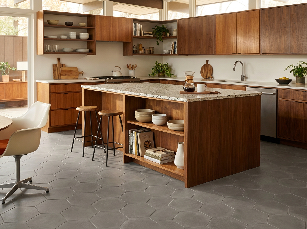 Hex-324 Charcoal 8×9 cement tile kitchen