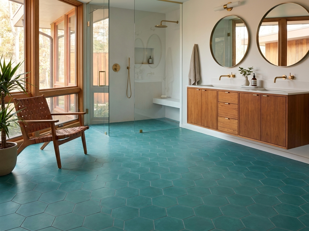 Hex-403 Turquoise 8×9 cement tile bathroom