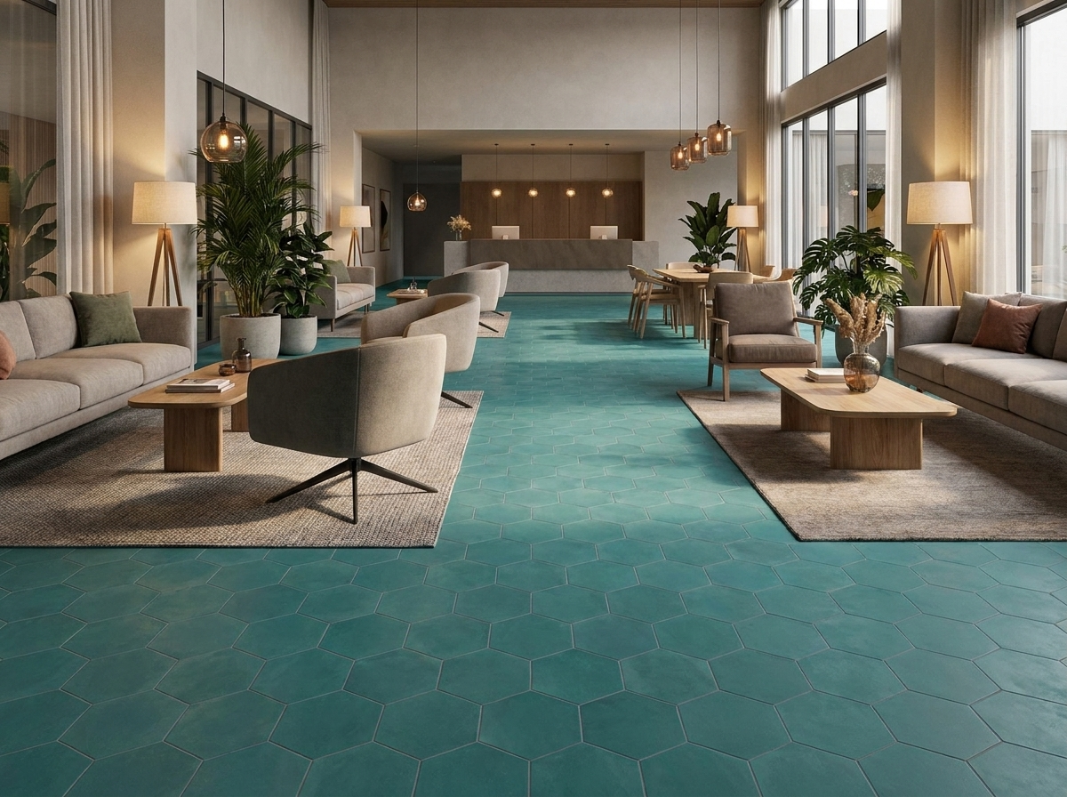 Hex-403 Turquoise 8×9 cement tile hotel lobby