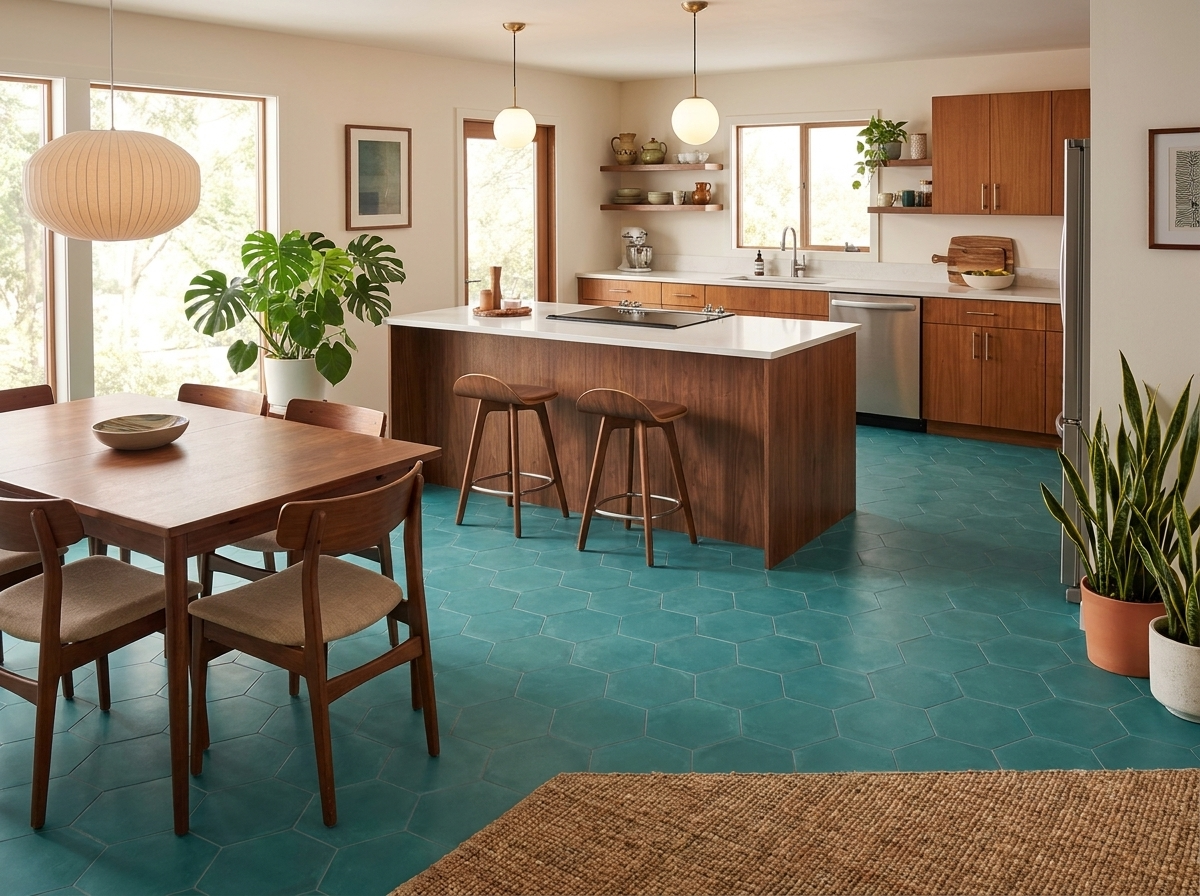 Hex-403 Turquoise 8×9 cement tile kitchen