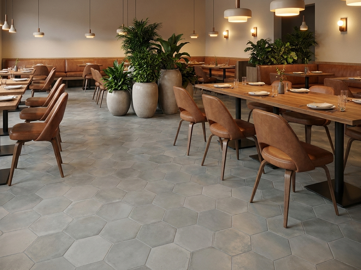 Hex-900 Gris 8×9 cement tile restaurant