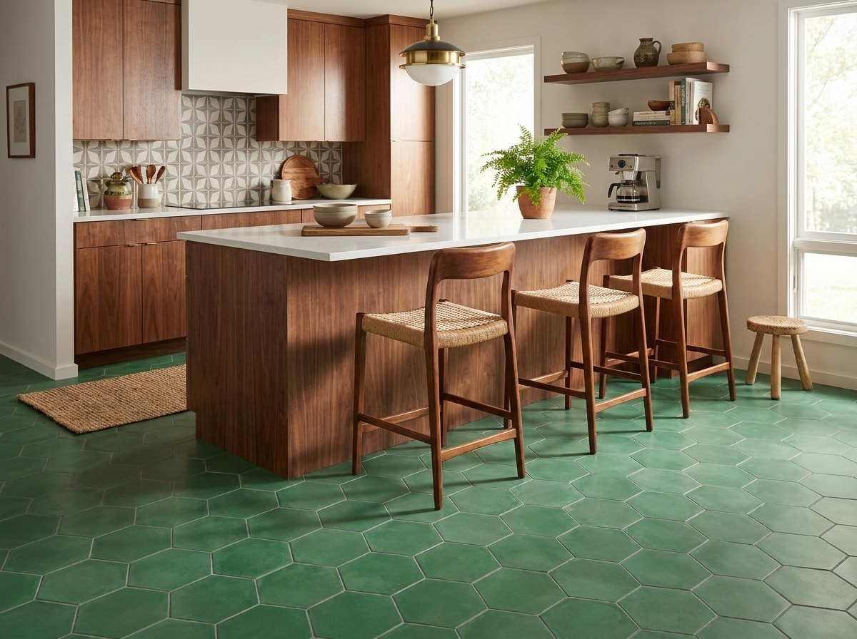 Hex-910 Vert Fonce 8×9 cement tile kitchen