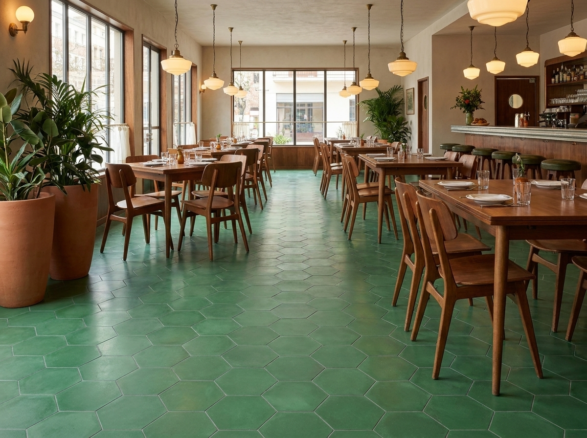 Hex-910 Vert Fonce 8×9 cement tile restaurant