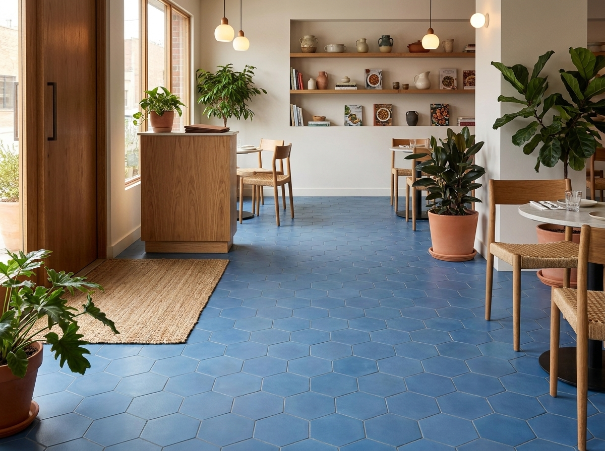 Hex-912 Blue Fonce 8×9 cement tile restaurant