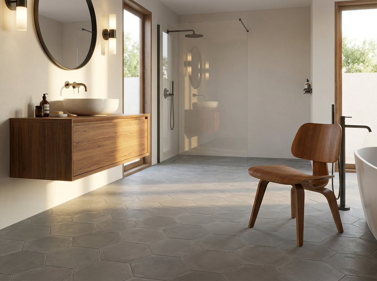 Hex-918 Oxford Gray 8×9 cement tile bathroom