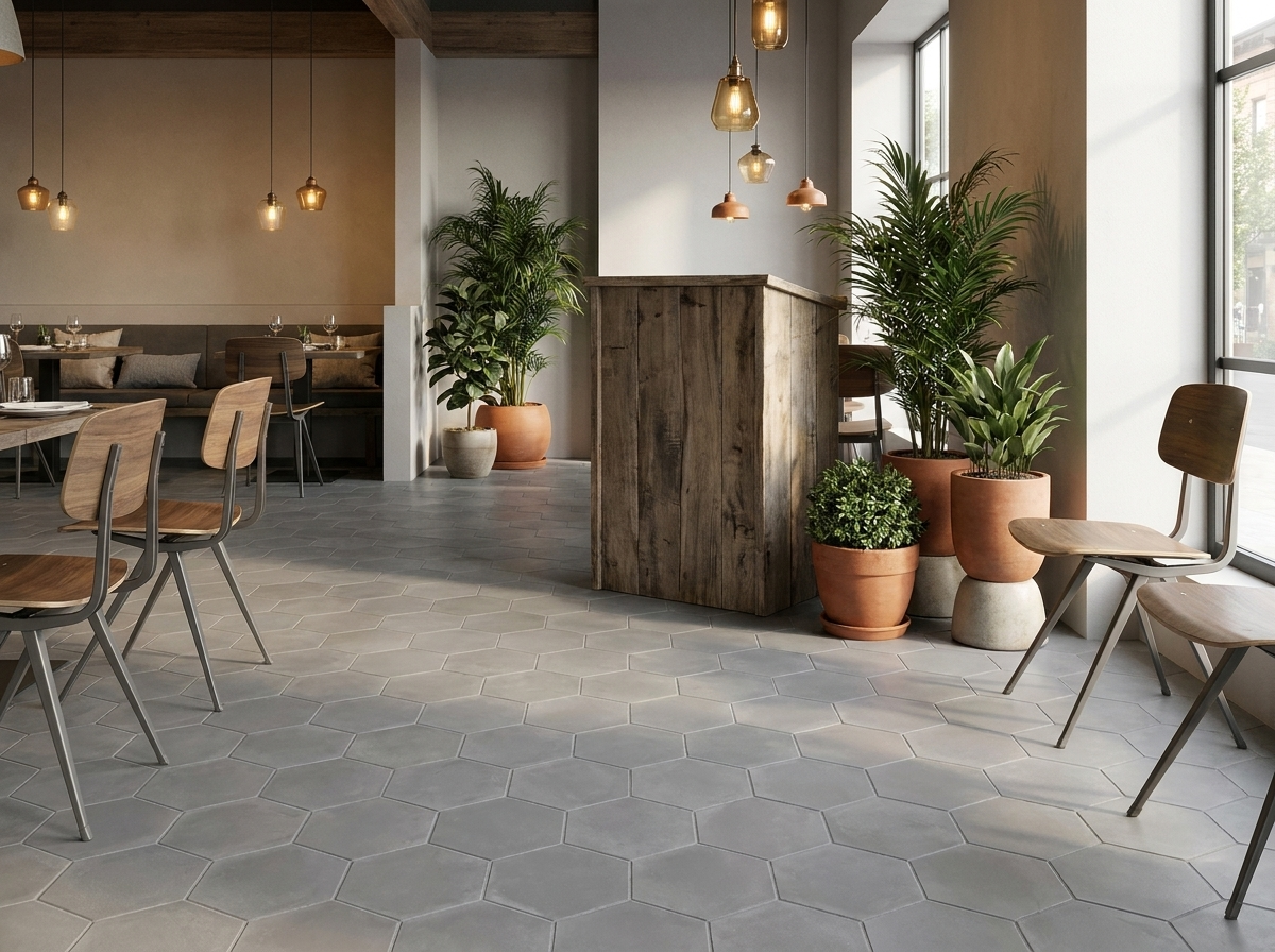 Hex-918 Oxford Gray 8×9 cement tile restaurant
