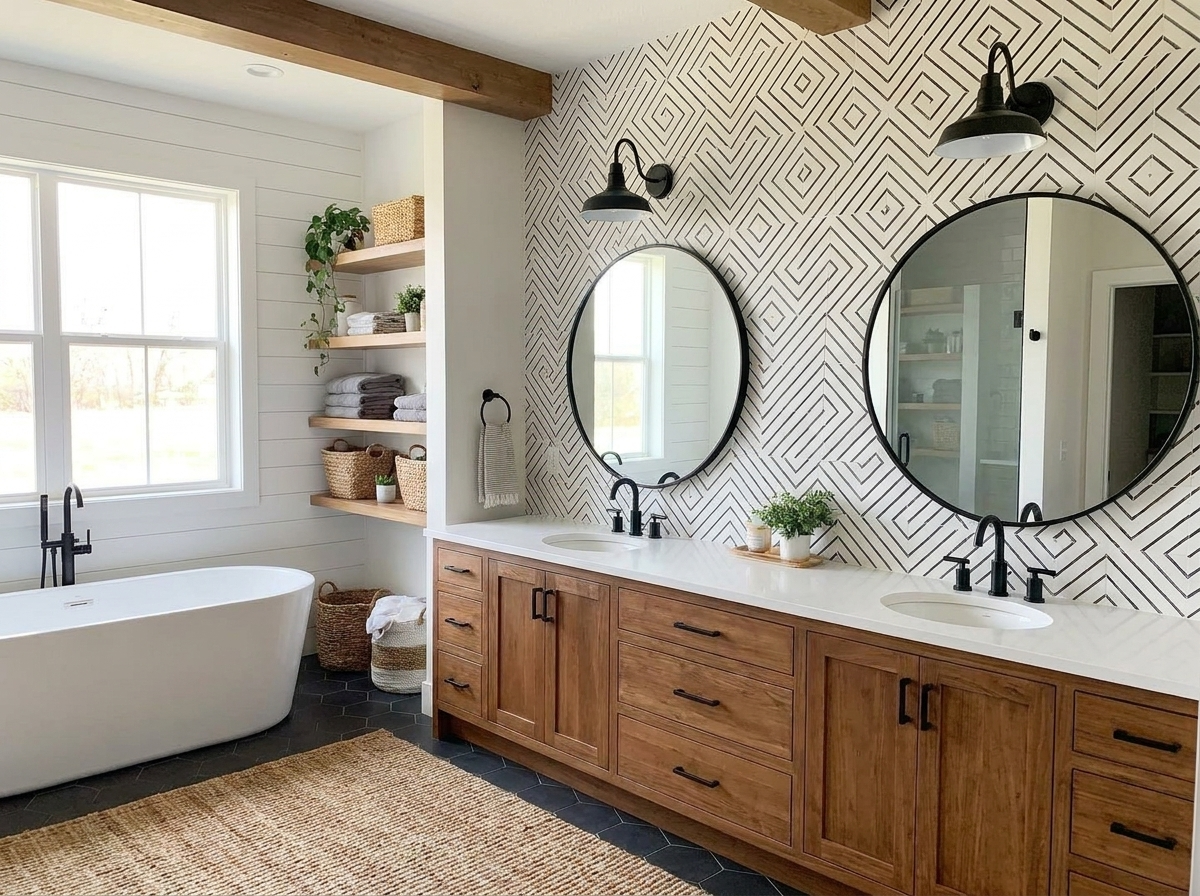 Bathroom feature wall with geometric cement tile pattern 2026 interior design trend