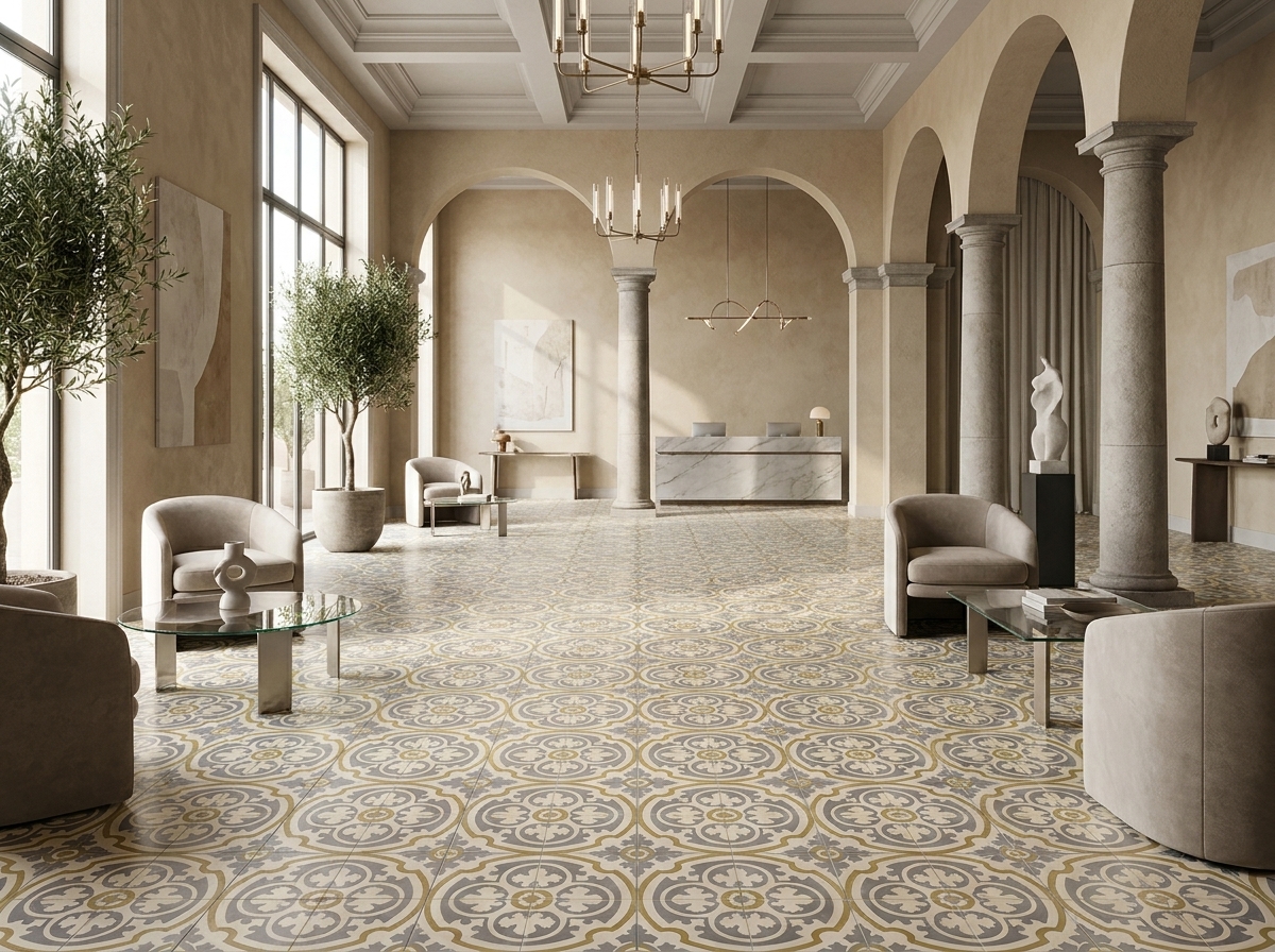 Retail store with patterned cement tile floor matching the main dining room design in a 2026 commercial project