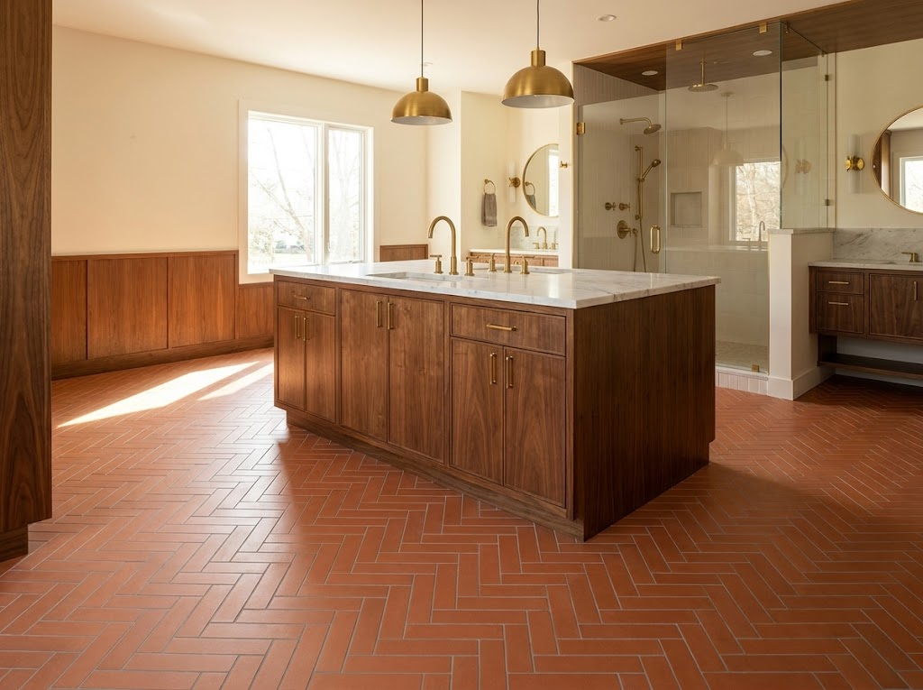 Cement terracotta tile kitchen floor with sage green cabinetry and brass fixtures in a 2026 interior design renovation