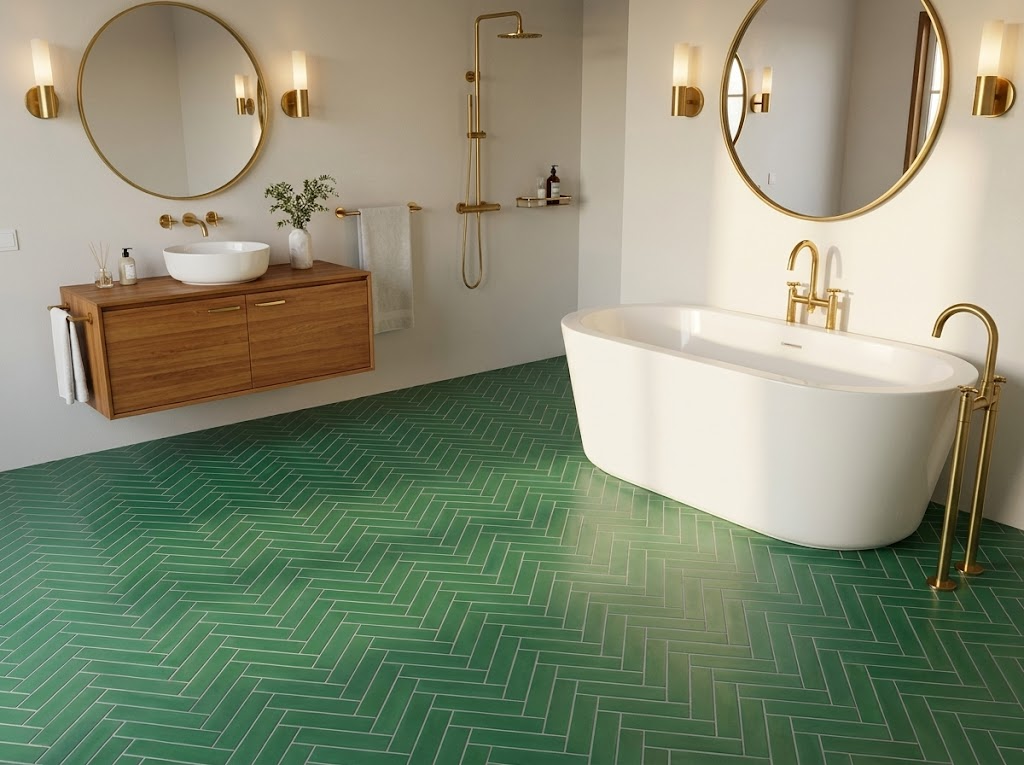 Brick S-910 Vert Fonce 2×8 cement tile bathroom