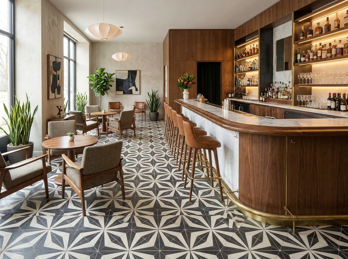 Hotel with patterned cement tile floor 2026 commercial interior design project