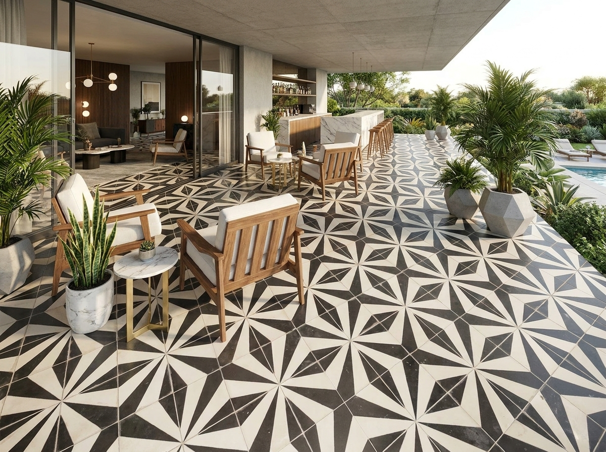 Bold Moroccan star pattern cement tile entryway 2026 interior design trend