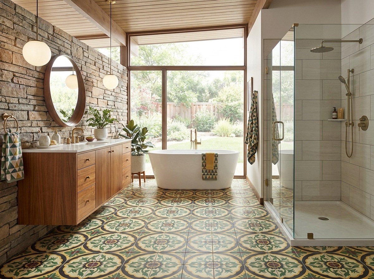 Jewel-toned sapphire cement tile bathroom floor 2026 interior design trend