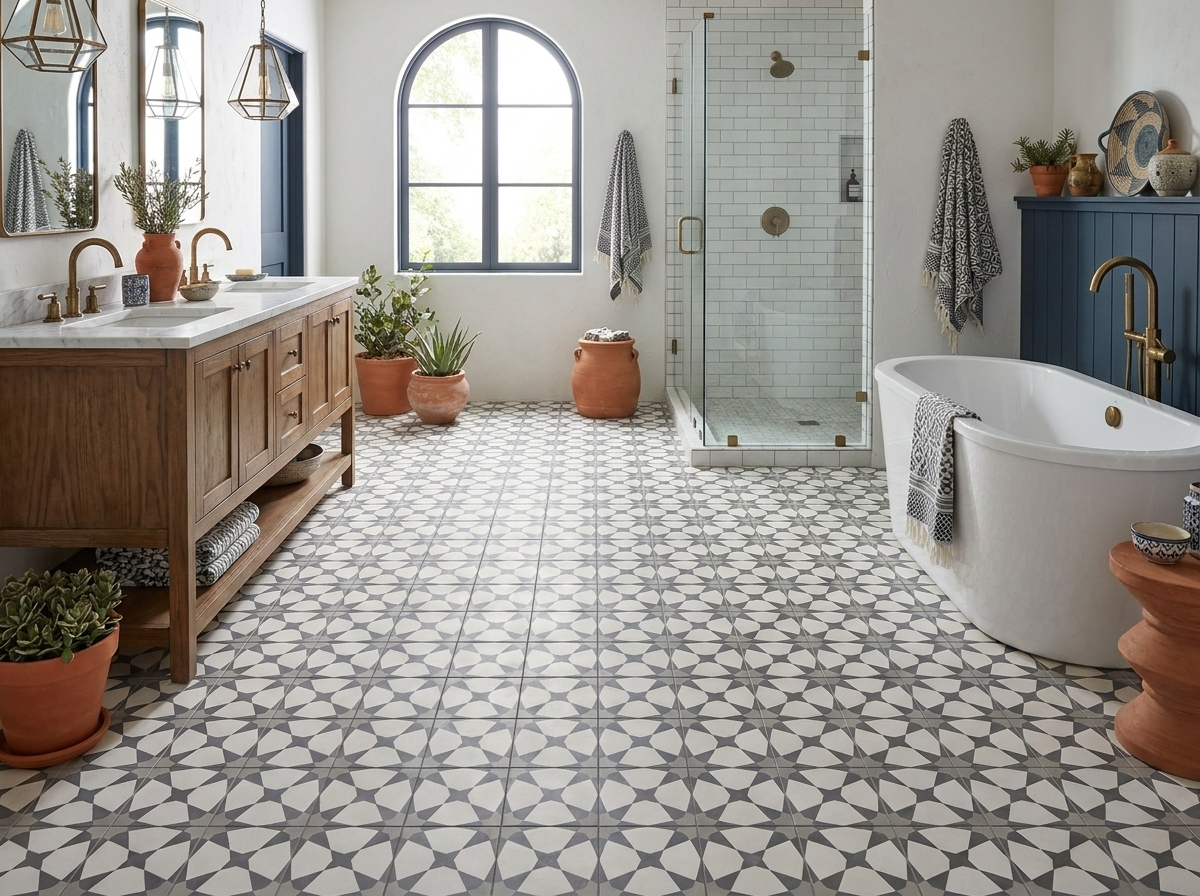 Bathroom with patterned cement tile floor, freestanding tub and brass hardware